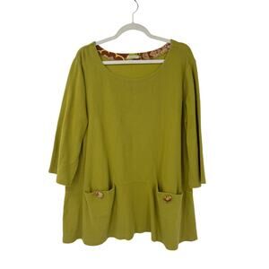 Chalet Womens Tunic Top Size XL Cotton 3/4 sleeve Green Pockets Artsy Lagenlook